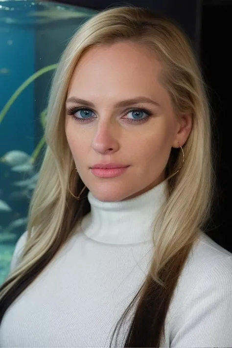 RAW, al3n4c, upper body, facial focus, looking at viewer, blonde, perfect face, stunning eyes, conservative turtleneck sweater, no cleavage, fully covered, at the exotic aquarium, 8k uhd