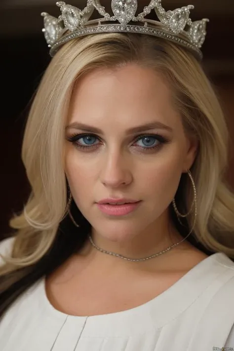 RAW, al3n4c, upper body, facial focus, looking at viewer, blonde, perfect face, longing for you, stunning eyes, no cleavage, ornate white dress, highly detailed, diamond crown, queen, teeth, in paradise, avant gardecandid, 8k uhd, sfw