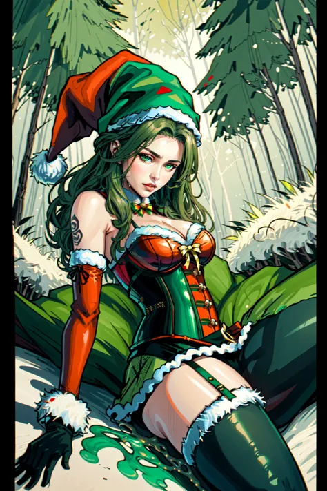 Mrs Claus, Woman in a green corset, wearing a santa hat, skimpy lingere, sensual, laying down, sexy, christmas theme, dripping, skindentation, pine trees, green, trees, inked lines, 4 point perspective, dutch angle