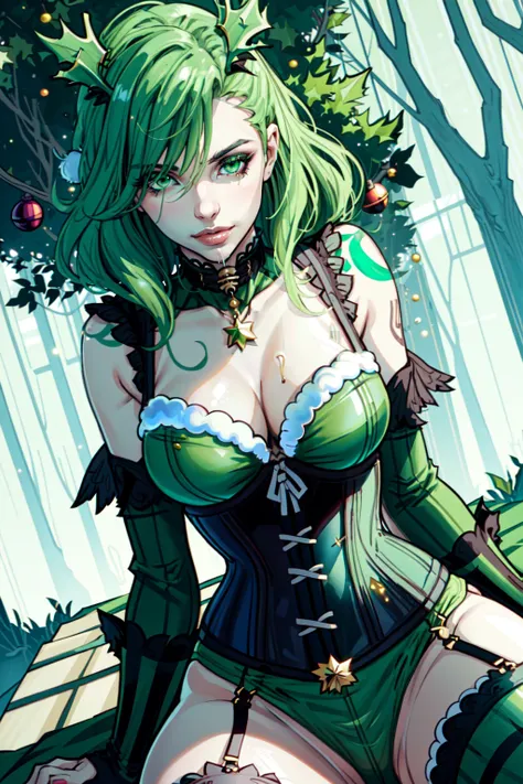 Woman in a green corset, skimpy lingere, sensual, laying down, sexy, christmas theme, dripping, green, trees, , inked lines, 4 point perspective, dutch angle