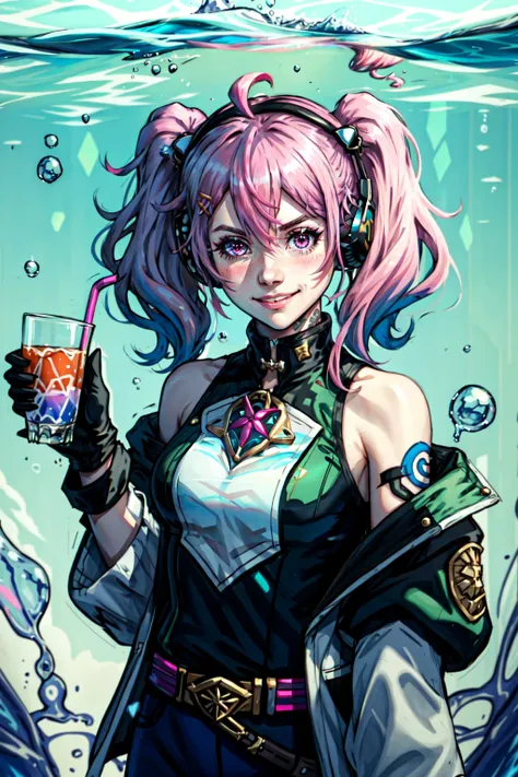 1girl, ahoge, bare shoulders, blush, bubble, cup, detached sleeves, drinking glass, drinking straw, gloves, hair between eyes, hair ornament, hairclip, headphones, headset, holding, holding cup, ice cube, in container, jacket, long hair, long sleeves, looking at viewer, open clothes, open jacket, parted lips, partially submerged, pink eyes, pink gloves, pink hair, puffy long sleeves, see-through, shirt, sleeveless, smile, solo, submerged, tattoo, twintails, upper body, very long hair, water