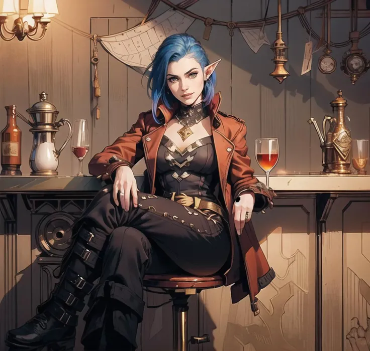 Single European 26 year old woman,red/blue bob hair and elf ears, eyes, realistic, real life, extremely beautiful, highly detailed, ultra-detailed, incredibly detailed, (masterpiece, best quality, sharp focus) full body,chest, gentle grin. red dress gold embellishment, trench coat, steampunk,pants, legs crossed, sitting at beach side bar drinking