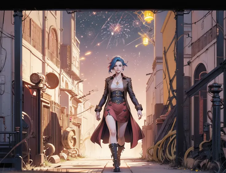 Single European 26 year old woman, red/blue bob hair and elf ears,  eyes, realistic, real life, extremely beautiful, highly detailed, ultra-detailed, incredibly detailed, (masterpiece, best quality, sharp focus) full body,chest, gentle grin steampunk,red dress rose pattern golden, trench coat,walking in alleway street view city, night sky, fireworks