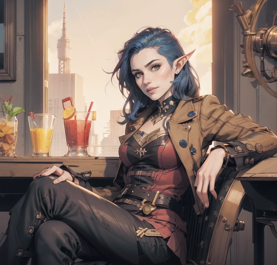 Single European 26 year old woman,red/blue bob hair and elf ears, eyes, realistic, real life, extremely beautiful, highly detailed, ultra-detailed, incredibly detailed, (masterpiece, best quality, sharp focus) full body,chest, gentle grin. red dress gold embellishment,fleur de lys patterning, trench coat, steampunk, legs crossed, sitting at beach side bar drinking juice, skirt,pants