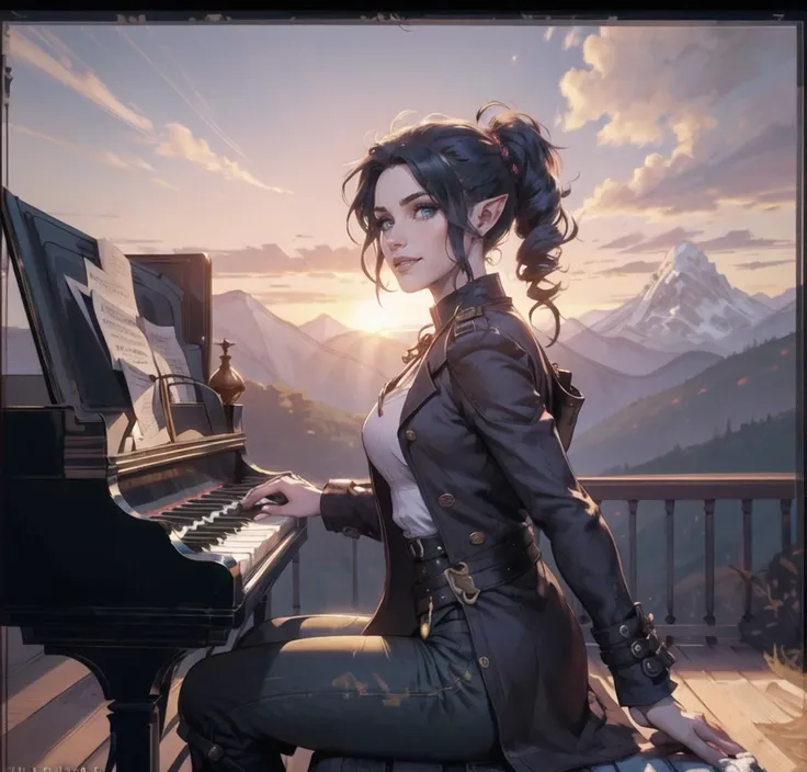 Single European 26 year old woman, elf ears, bob hair red and blue. trench coat, pants,dress,steampunk,sitting at piano playing music, overlooking australia landscape, realistic, real life, extremely beautiful, highly detailed, ultra-detailed, incredibly detailed, (masterpiece, best quality, sharp focus) full body,chest,kingdom, gentle grin. mountains in the background, sunset, realistic, real life, extremely beautiful, highly detailed, ultra-detailed, incredibly detailed, (masterpiece, best quality passionate smile, masterpiece, best quality, trippy looking (in distance:1.2), highres, detailed eyes, perfect eyes, beautiful eyes, perfect detailed beautiful face, distant view, (full body view, highres, high quality, masterpiece, ultra detailed, perfect, wide open shot, back facing