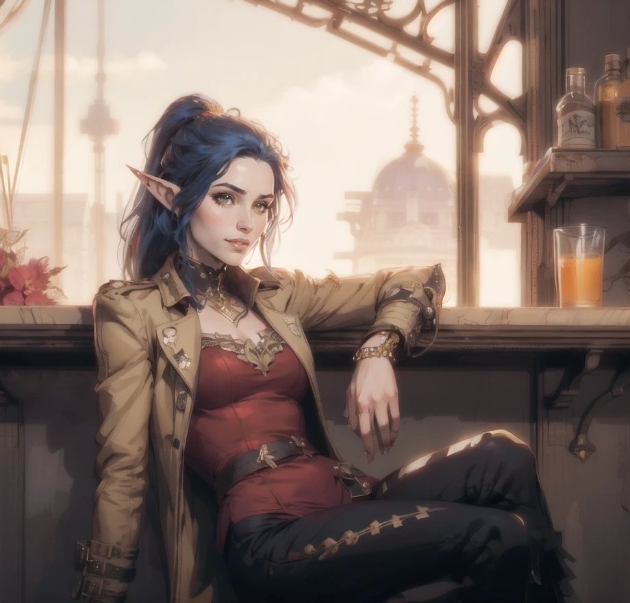 Single European 26 year old woman,red/blue bob hair and elf ears, eyes, realistic, real life, extremely beautiful, highly detailed, ultra-detailed, incredibly detailed, (masterpiece, best quality, sharp focus) full body,chest, gentle grin. red dress gold embellishment,fleur de lys patterning, trench coat, steampunk,pants, legs crossed, sitting at beach side bar drinking juice