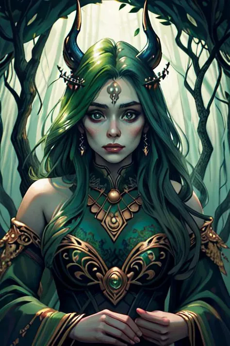 woman in a mythical forest, masterpiece, perfect face, intricate details, horror theme