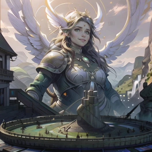 view from above, hires,high resolution, intricate, (detailed background), masterpiece, fullbody, best quality, 30 year old, standing, giant European woman, brown bob hair, green eyes, woman, wide shot, smiling, realistic, real life, extremely beautiful, highly detailed, ultra-detailed, incredibly detailed, (masterpiece, best quality, sharp focus) city background, mountains, waterfall, people <lora:Grand Scale:1.8> standing giant angel