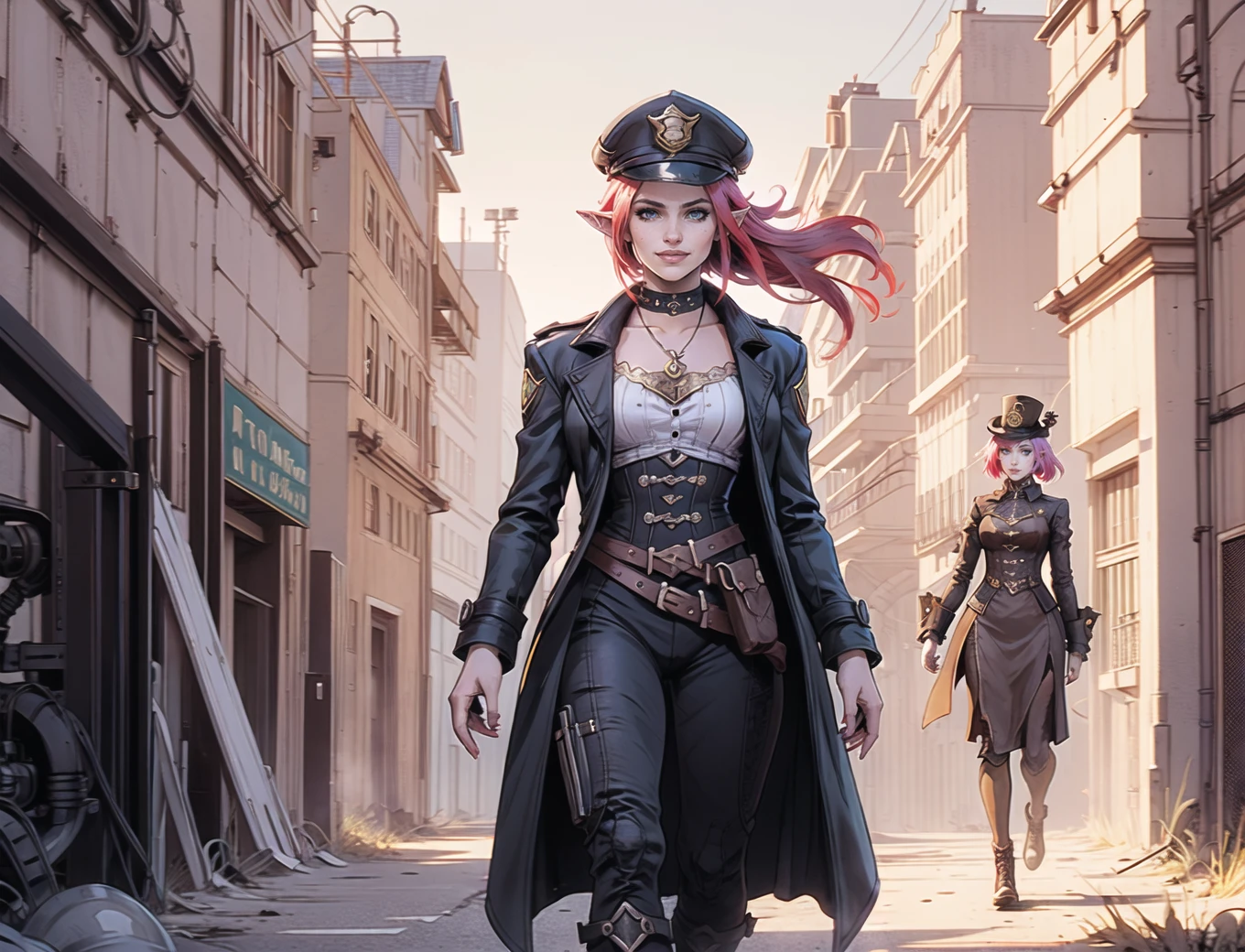Single European 26 year old woman, red/blue bob hair and elf ears, eyes, realistic, real life, extremely beautiful, highly detailed, ultra-detailed, incredibly detailed, (masterpiece, best quality, sharp focus) full body,chest, gentle grin steampunk police,hat, trench coat,walking in alleway street view city