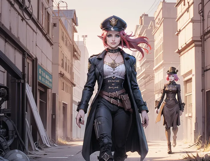 Single European 26 year old woman, red/blue bob hair and elf ears,  eyes, realistic, real life, extremely beautiful, highly detailed, ultra-detailed, incredibly detailed, (masterpiece, best quality, sharp focus) full body,chest, gentle grin steampunk police,hat, trench coat,walking in alleway street view city