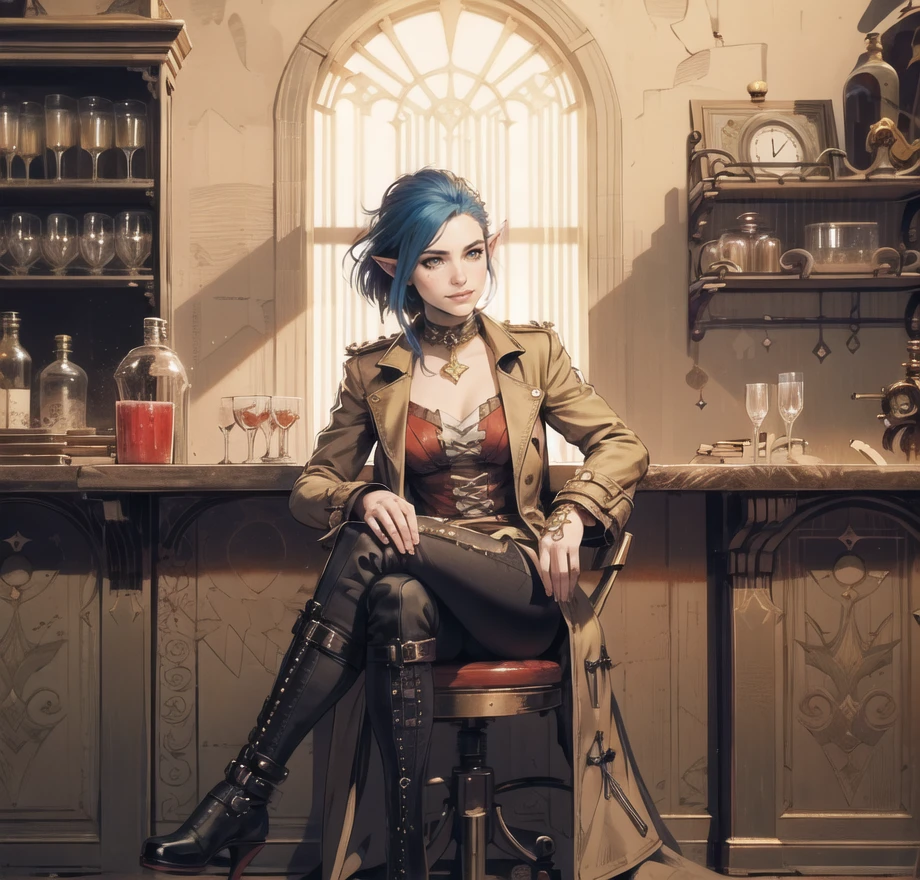 Single European 26 year old woman,red/blue bob hair and elf ears, eyes, realistic, real life, extremely beautiful, highly detailed, ultra-detailed, incredibly detailed, (masterpiece, best quality, sharp focus) full body,chest, gentle grin. red dress gold embellishment,fleur de lys patterning, trench coat, steampunk, legs crossed, sitting at beach side bar drinking juice, skirt,pants