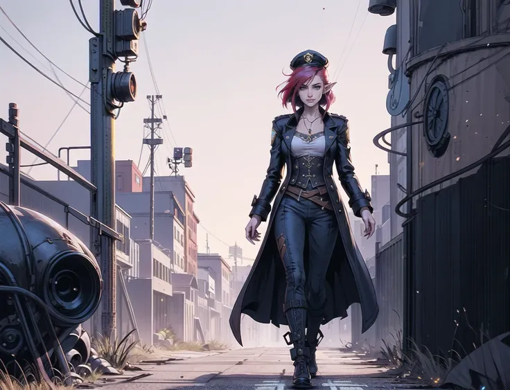 Single European 26 year old woman, red/blue bob hair and elf ears,  eyes, realistic, real life, extremely beautiful, highly detailed, ultra-detailed, incredibly detailed, (masterpiece, best quality, sharp focus) full body,chest, gentle grin steampunk police,hat, trench coat,walking in alleway street view city, night sky, fireworks