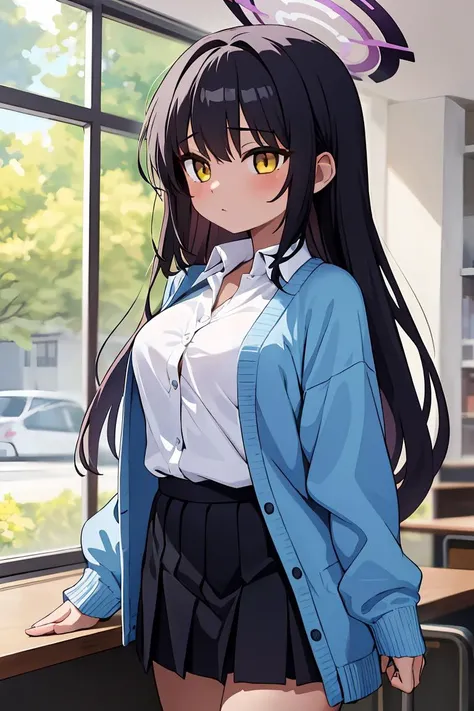 (masterpiece, best quality), 1girl, <lora:Kakudate Karin by Goofy Ai:1>karin ba,long hair, halo, blue cardigan, white shirt, school uniform ,black skirt