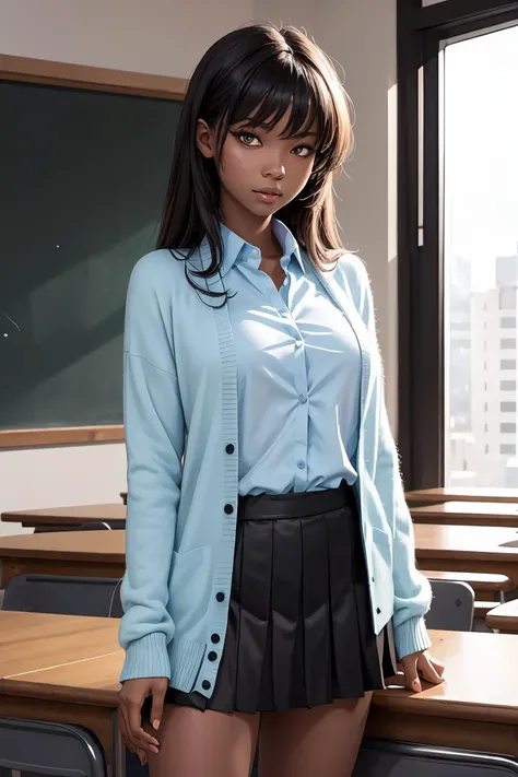 professional gdkatschool photo, dark skin, dark-skinned woman, school uniform, sweater vest, red skirt, pantyhose, black eyes, black hair,
volumetric light, highrez, masterpiece, best quality,