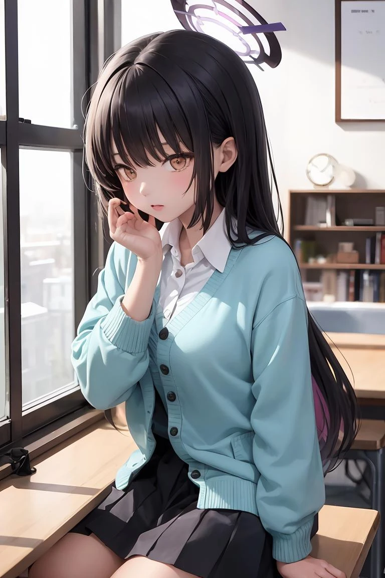 (masterpiece, best quality), 1girl, <lora:Kakudate Karin by Goofy Ai:1>karin ba,long hair, halo, blue cardigan, white shirt, school uniform ,black skirt