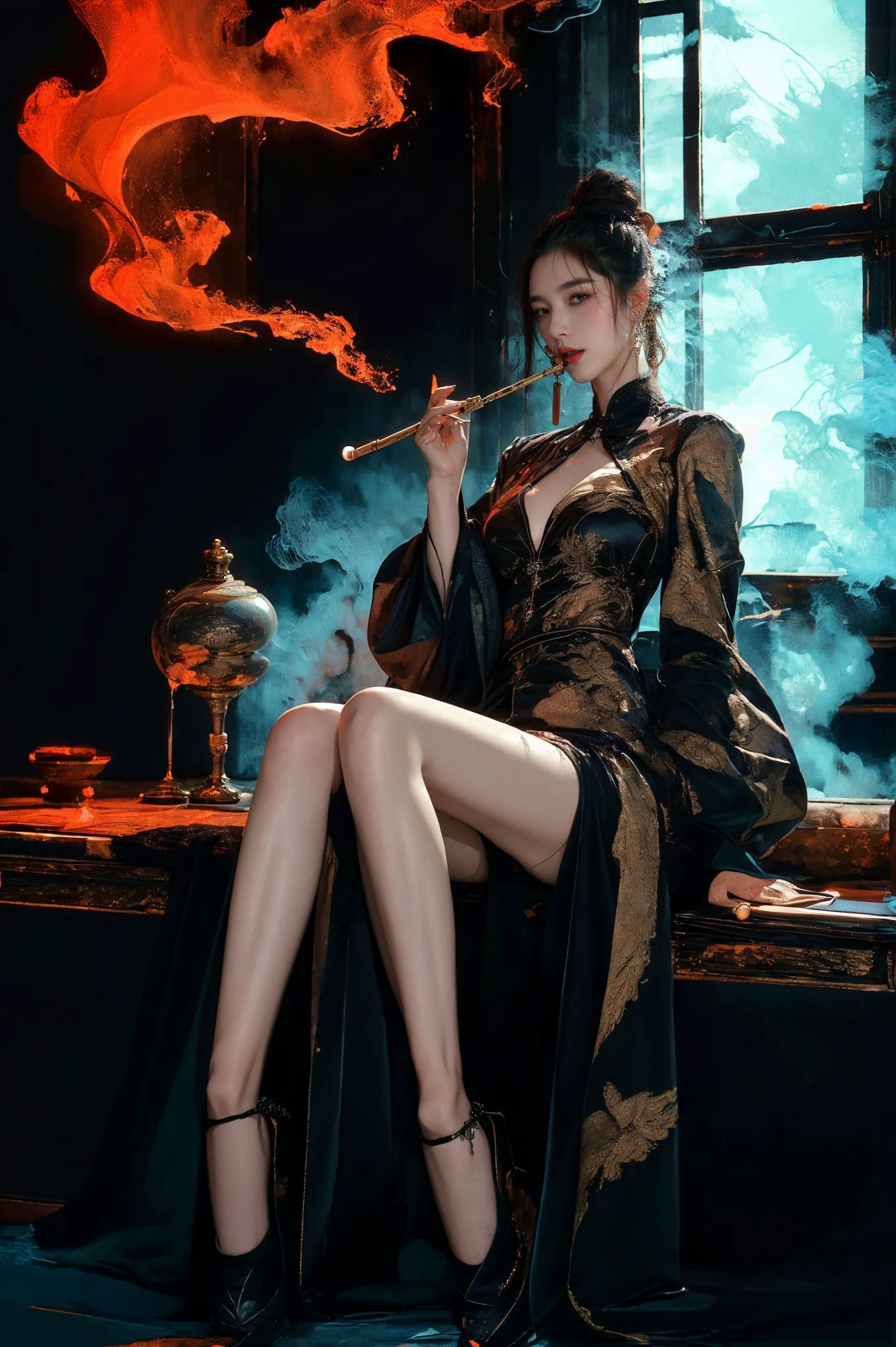 (masterpiece, top quality, best quality, official art, beautiful and aesthetic:1.2),sleek,dark,highly detailed,
xuer tobacco pipe,tobacco pipe,A mature face,(cold attitude,eyeshadow,eyeliner:0.9),(red lips:1.2),watery eyes,(full body:1.2),
<lora:~Q?-pe xuer tobacco pipe:0.8>,