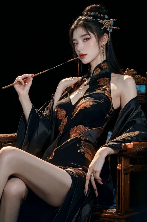 (masterpiece, top quality, best quality, official art, beautiful and aesthetic:1.2),sleek,dark,highly detailed,
xuer tobacco pipe,tobacco pipe,A mature face,(cold attitude,eyeshadow,eyeliner:0.9),(red lips:1.2),watery eyes,
<lora:~Q?-pe xuer tobacco pipe:0.8>,