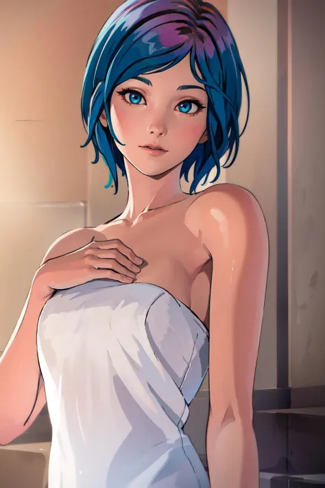 realistic, realism, photorealism, photo-realistic, high contrast, (photorealistic:1.4), 8k high definition detailed realistic, (best quality, masterpiece:1.2), photon mapping, radiosity, physically-based rendering, best quality, highly detailed, chloeprice_byammpuv1, small breasts,  detailed face,detailed eye, short hair,  blue eyes,  looking looking at viewer, (standing), (bath towel:1.5), (wearing towel), (simple background:1.2)