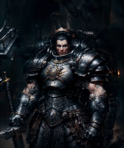 Upper body, medium shot, epic painted portrait of Ferrus, wearing full armor, matte metal texture on armor, (broad shoulders:1.3), tall, muscular male, standing straight, (clenched hands:1.3), fists, iron hands, mech arms
man, warrior, masculine, square jaw, sharp facial features, butchersnail, detailed matte skin texture, skin imperfections, skin poresm realistic skin, detailed eyes, (blue glowing eyes:1.2), detailed pupils, short hair, (looking:1.1) at viewer,
indoors, dim lighting, standing (inside a mechanical forge, factory:1.1), (anvil:1.1), technology, armory, (steampunk, dieselpunk:1.1), (warhammer 40k:1.3), soft lighting, subsurface scattering, (rembrandt, impressionism:1.3), cinematic color grading, postprocessing, realistic, heavy shadow, masterpiece, best quality, hyperrealistic, 8k, Intricate, High Detail, film photography, soft focus
<lora:Elixir:0.5> <lora:more_details:0.6> <lora:Ferrus MK1 by CARAXES:0.7> <lora:epi_noiseoffset2:0.5> <lora:Rembrandt:0.6>