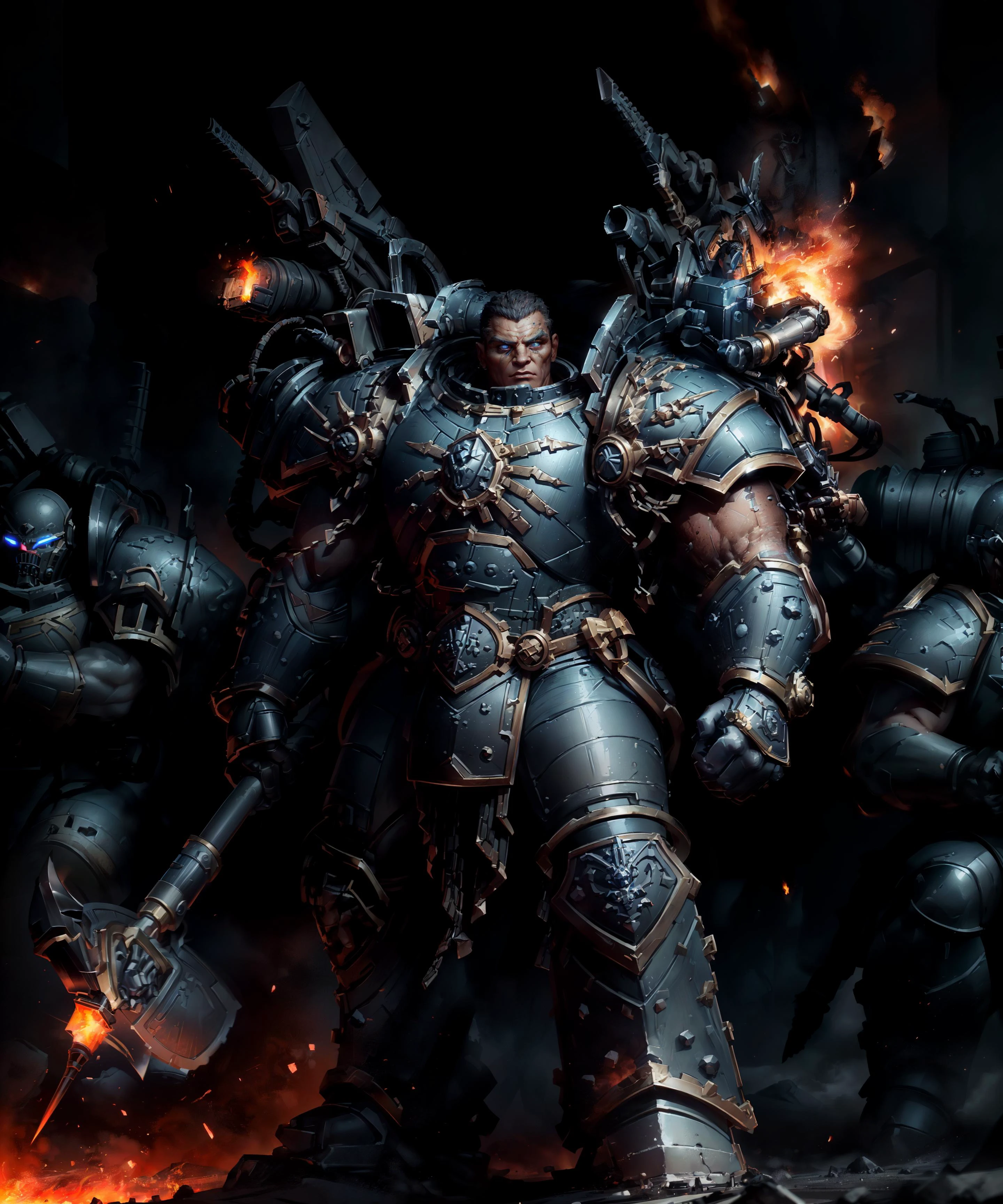 full body, dutch angle, epic action shot of Ferrus, wearing full armor, matte metal texture on armor, (broad shoulders:1.3), tall, muscular male, standing straight,
man, warrior, masculine, square jaw, sharp facial features, detailed face, realistic skin, detailed eyes, (blue glowing eyes:1.2), looking at viewer, short hair,
dim lighting, soft lighting, subsurface scattering, cinematic color grading, mecha, postprocessing, realistic, heavy shadow, masterpiece, best quality, hyperrealistic, 8k, Intricate, High Detail, depth of field
(high quality, best quality,:1.3) highres, absurdres,
<lora:more_details:0.3> <lora:Ferrus MK1 by CARAXES:0.6> <lora:epi_noiseoffset2:0.5>