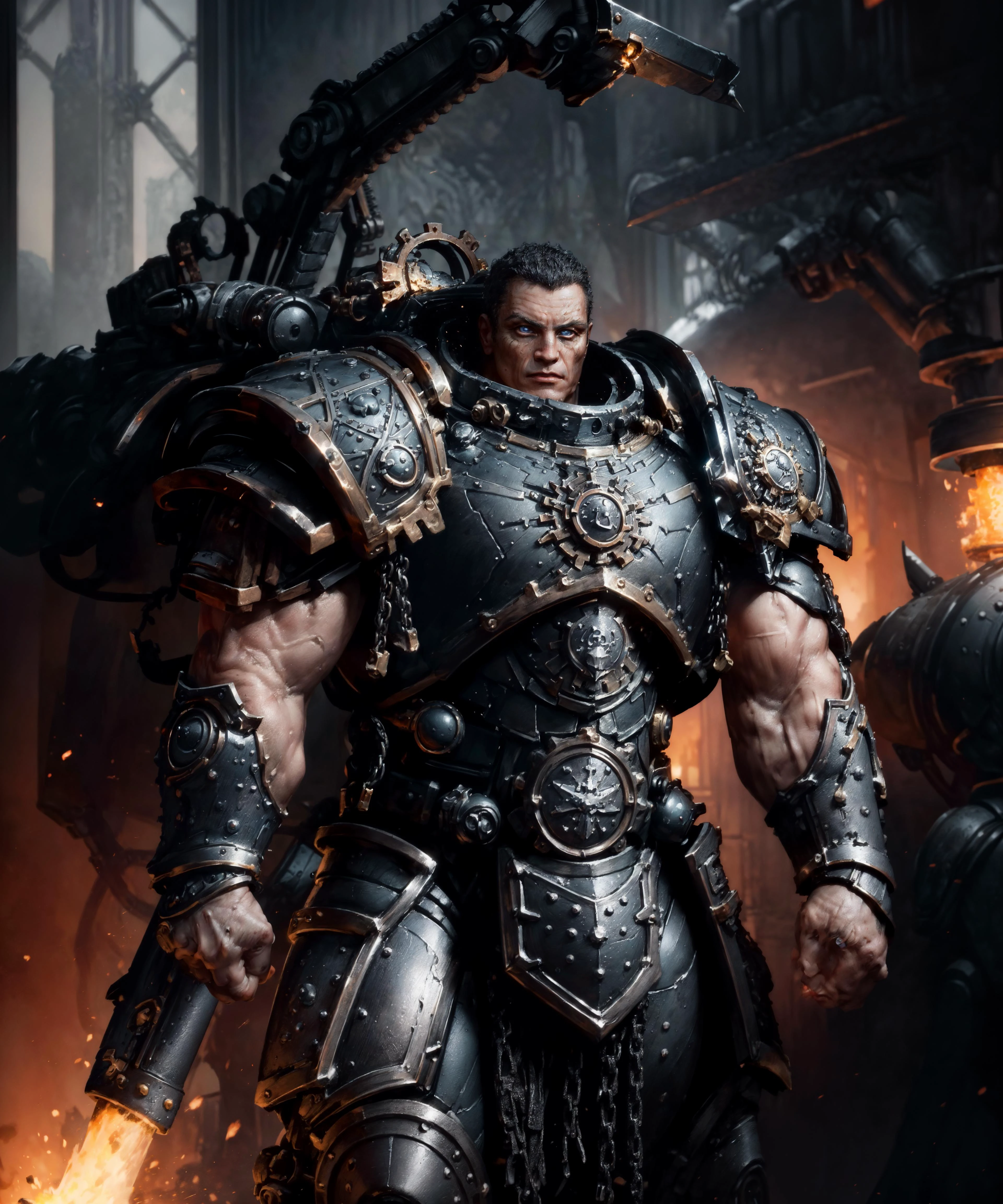 Upper body, medium shot, shot with cinematic camera, epic photographic portrait of Ferrus, wearing full armor, matte metal texture on armor, (broad shoulders:1.3), tall, muscular male, standing straight, (clenched hands:1.3), fists, iron hands, mech arms
man, warrior, masculine, square jaw, sharp facial features, butchersnail, detailed matte skin texture, skin imperfections, skin poresm realistic skin, detailed eyes, (blue glowing eyes:1.2), detailed pupils, short hair, (looking to the side:1.4),
indoors, dim lighting, standing (inside a mechanical forge, factory:1.1), (anvil:1.1), technology, armory, chain, (steampunk, dieselpunk:1.1), (warhammer 40k:1.3), soft lighting, subsurface scattering, cinematic color grading, postprocessing, realistic, heavy shadow, masterpiece, best quality, hyperrealistic, 8k, Intricate, High Detail, film photography, soft focus
<lora:Elixir:0.5> <lora:more_details:0.6> <lora:Ferrus MK1 by CARAXES:0.7> <lora:epi_noiseoffset2:0.5>