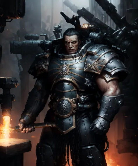 Upper body, medium shot, epic painted portrait of Ferrus, wearing full armor, matte metal texture on armor, (broad shoulders:1.3), tall, muscular male, standing straight, (clenched hands:1.3), fists, iron hands, mech arms, chain,
(man, warrior, masculine, square jaw:1.3), sharp facial features, realistic skin texture, (glowing eyes:1.2), short hair, (looking at viewer:1.1),
indoors, dim lighting, standing (inside a mechanical forge, factory:1.1), (anvil:1.1), technology, armory, (warhammer 40k:1.3), soft lighting, subsurface scattering, cinematic color grading, postprocessing, realistic, heavy shadow, masterpiece, best quality, hyperrealistic, 8k, Intricate, High Detail, film photography, soft focus
<lora:Elixir:0.3> <lora:more_details:0.3> <lora:Ferrus MK1 by CARAXES:0.7> <lora:epi_noiseoffset2:0.3>