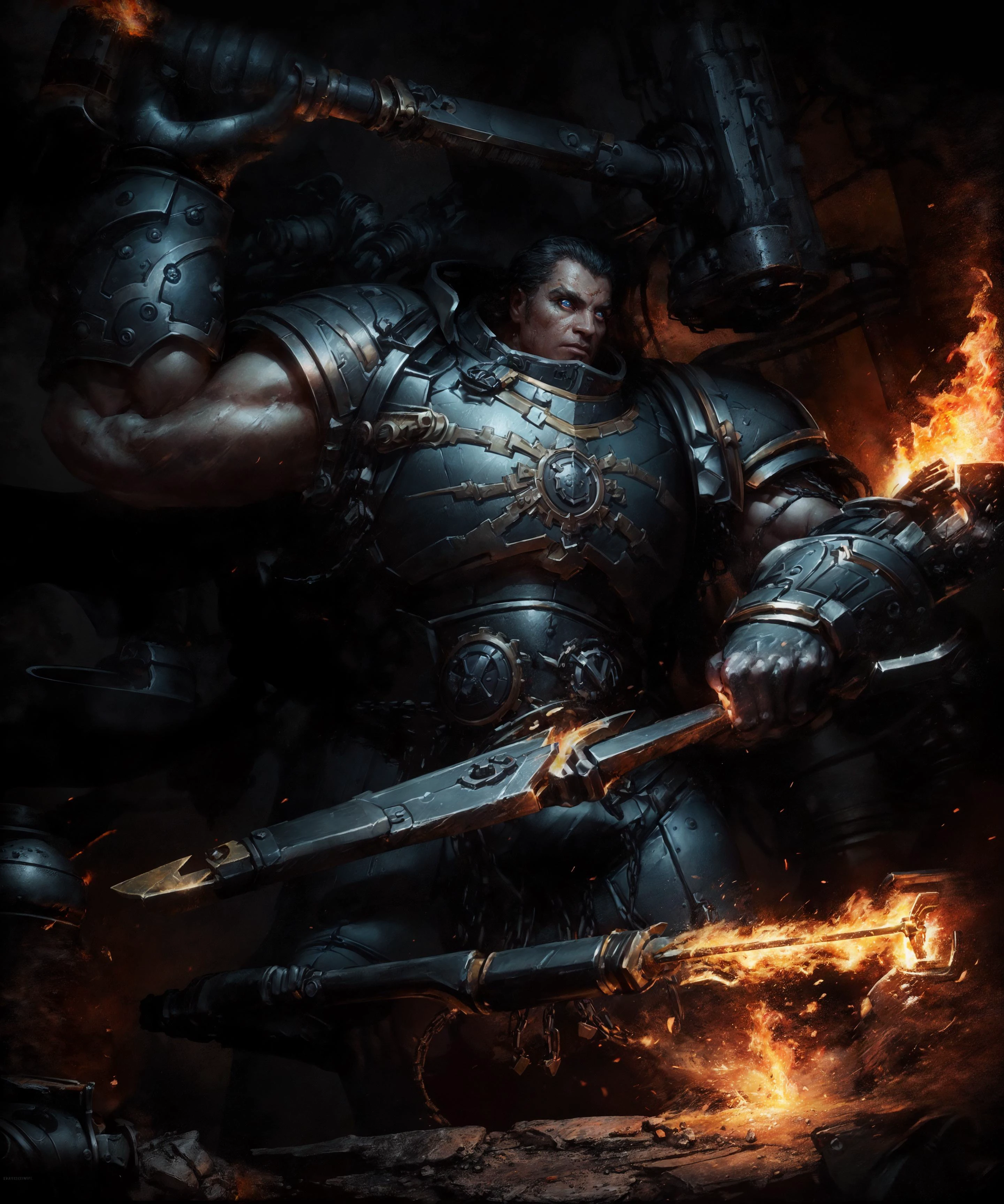 Upper body, medium shot, from below, low angle, epic photographic portrait of Ferrus, wearing full armor, matte metal texture on armor, (broad shoulders:1.3), tall, muscular male, standing straight, (clenched hands:1.3), fists, iron hands, mech arms, holding weapon, (war hammer:1.3),
man, warrior, masculine, square jaw, sharp facial features, detailed matte skin texture, skin imperfections, realistic face, detailed eyes, (blue glowing eyes:1.2), detailed pupils, short hair, (looking at viewer:1.1) ,
dim lighting, standing (inside a large mechanical forge, factory:1.1), (anvil:1.3), technology, armory, (steampunk, dieselpunk:1.2), fire, lava, molten metal, (warhammer 40k:1.3), soft lighting, subsurface scattering, cinematic color grading, postprocessing, realistic, heavy shadow, masterpiece, best quality, hyperrealistic, 8k, Intricate, High Detail, film photography, (depth of field:1.3),
(high quality, best quality,:1.3) highres, absurdres,
<lora:more_details:0.3> <lora:Ferrus MK1 by CARAXES:0.7> <lora:epi_noiseoffset2:0.5>