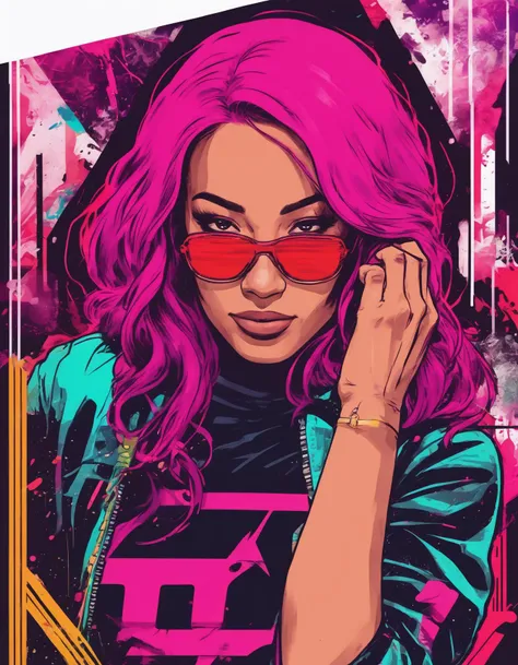Vintage Film Style, comic book cover with (ohwx woman:1.0),anime style, key visual, vibrant, studio anime, highly detailed, Hotline Miami style, neon, <lora:sashabanks_lora_sdxl_v1-000008:1>