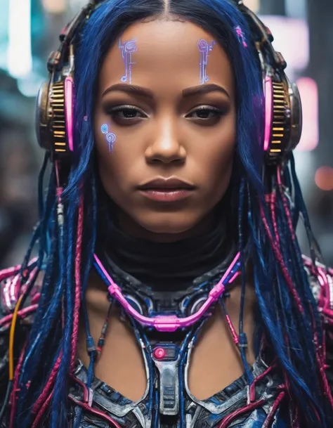 (ohwx woman) cyborg, surrounded by cables , illustrated by Greg Rutkowski and H.R. Giger, 35mm lens, beautiful macro close-up imagery, vibrantly lush neon lighting, beautiful volumetric-lighting-style atmosphere, a futuristic atmosphere, intricate, ultra detailed, photorealistic imagery, trending on artstation, 4k, 8k