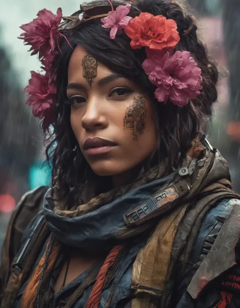 portrait of a gorgeous (ohwx woman) <lora:sashabanks_lora_sdxl_v1-000008:1> princedd, dynamic lighting, in the style of Jean-Baptiste Monge, dark ambiance, ink slpatters, flowers, realistic, sharp focus, illustration, octane render, unreal engine, 8k, high resolution, trending on artstation, sharp focus, studio photo, intricate details, highly detailed, by greg rutkowski, sharp focus, emitting diodes, smoke, artillery, sparks, racks, system unit, motherboard, by pascal blanche rutkowski repin artstation hyperrealism painting concept art of detailed character design matte painting, 4 k resolution blade runner