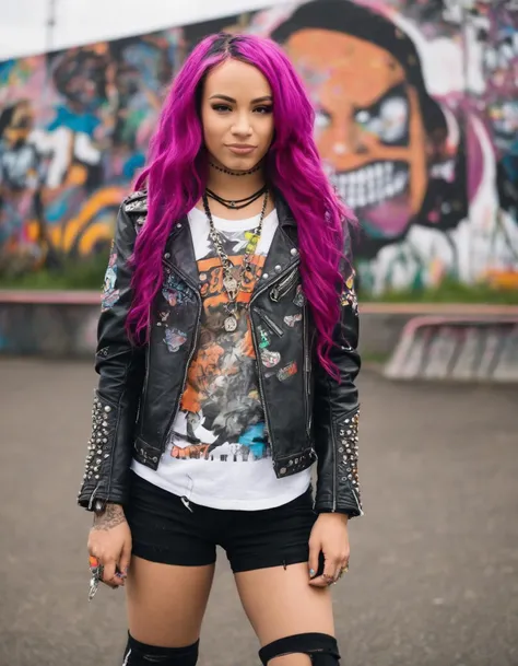 beautiful portrait of (ohwx woman) <lora:sashabanks_lora_sdxl_v1-000008:1> in a punk black leather jacket with studs, ((((skate park in the background)))), multiple ear piercings, multiple lips piercings, multiple eyebrow piercings, colored hair, skull necklace, kids on skateboard in the background