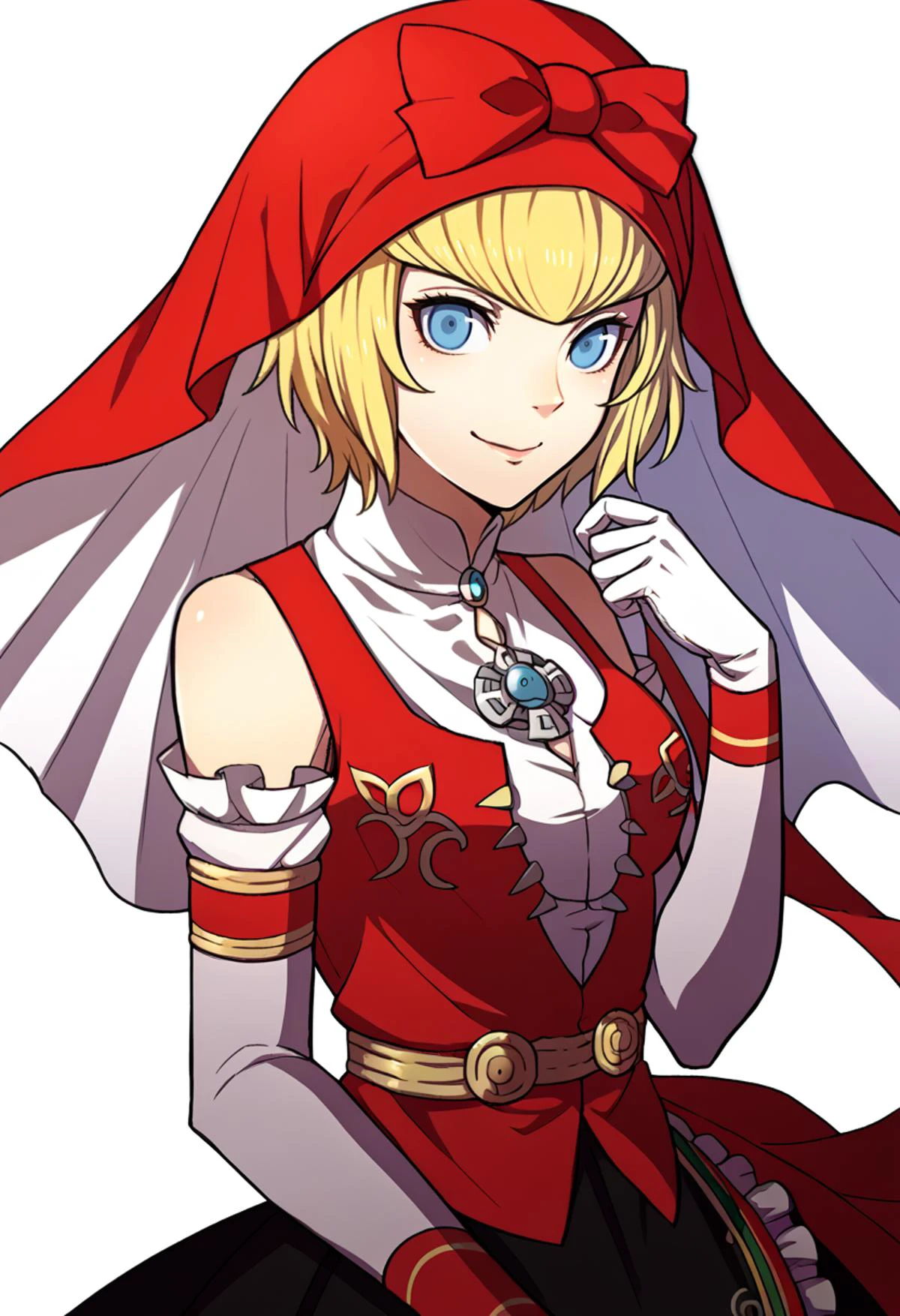 score_9, score_8_up, score_7_up, source_anime, BREAK, solo, 1girl, <lora:zs_FE3HPortraitsXL:1>, fe3hportraits, upper body, white background, <lora:Idun-pdxl-DoRA_Fp:1>, idunnsmt, short hair, blonde hair, blue eyes, veil, red bow, red dress, vest, frilled skirt, white gloves, elbow gloves, bare shoulders, miniskirt, black skirt, smile, brooch,