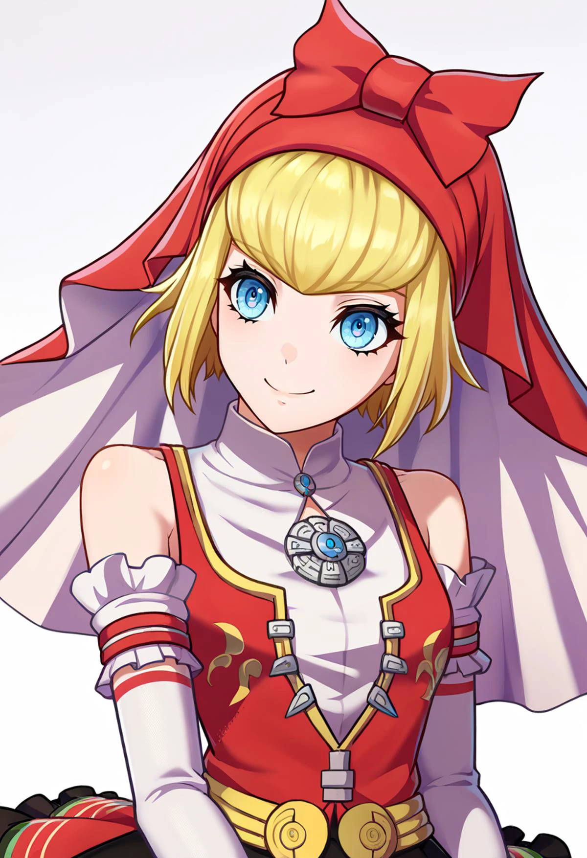 score_9, score_8_up, score_7_up, source_anime, BREAK, solo, 1girl, <lora:zs_EngagePortraitsXL:1>, engageportraits, portrait, white background, <lora:Idun-pdxl-DoRA_Fp:1>, idunnsmt, short hair, blonde hair, blue eyes, veil, red bow, red dress, vest, frilled skirt, white gloves, elbow gloves, bare shoulders, miniskirt, black skirt, smile, brooch,