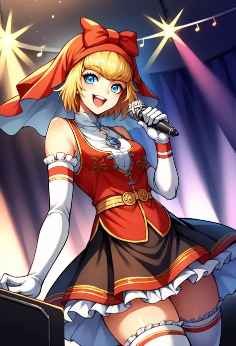 score_9, score_8_up, score_7_up, source_anime, 1girl, cowboy shot, holding microphone, singing, open mouth, happy, BREAK  <lora:Idun-pdxl-DoRA_Fp:1> idunnsmt, short hair, blonde hair, blue eyes, veil, red bow, red dress, vest, frilled skirt, white gloves, elbow gloves, white thighhighs, smile, bare shoulders, miniskirt, black skirt, brooch, indoors, stage lights