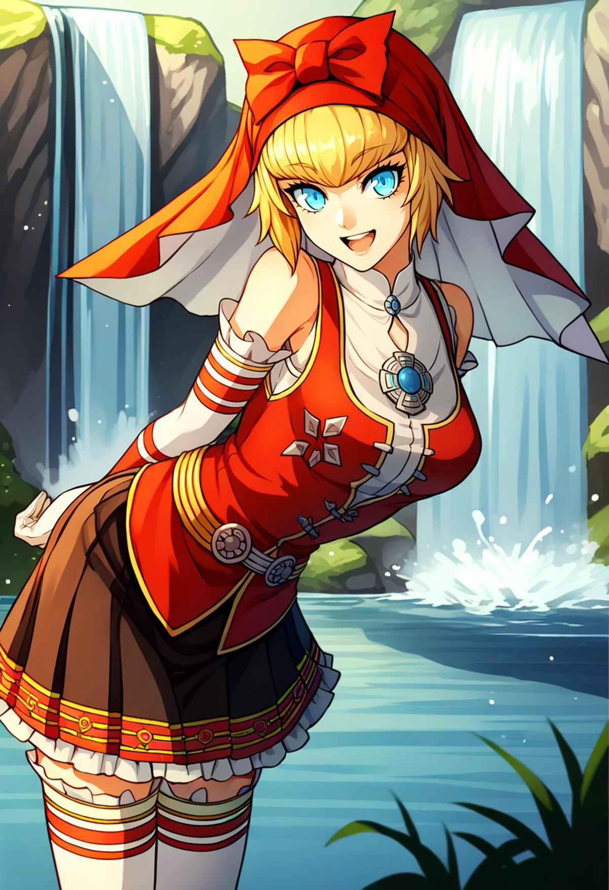score_9, score_8_up, score_7_up, source_anime, 1girl, cowboy shot, arms behind back, looking at you, open mouth, smile, leaning forward, BREAK <lora:Idun-pdxl-DoRA_Fp:1> idunnsmt, short hair, blonde hair, blue eyes, veil, red bow, red dress, vest, frilled skirt, white gloves, elbow gloves, white thighhighs, smile, bare shoulders, miniskirt, black skirt, brooch, outdoors, river, waterfall