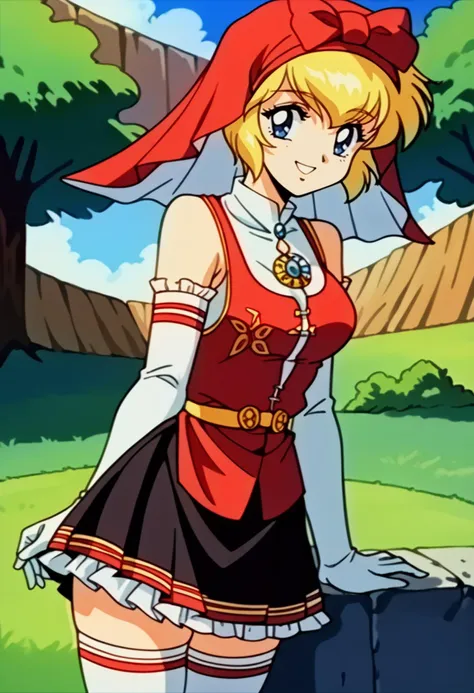 score_9, score_8_up, score_7_up, source_anime BREAK solo, 1girl, <lora:Idun-pdxl-DoRA_Fp:1>, idunnsmt, short hair, blonde hair, blue eyes, veil, red bow, red dress, vest, frilled skirt, white gloves, elbow gloves, white thighhighs, smile, bare shoulders, miniskirt, black skirt, smile, brooch, smile, outdoors,  <lora:FeOva-pdxl_Fp:1>, 1990s \(style\), retro artstyle,