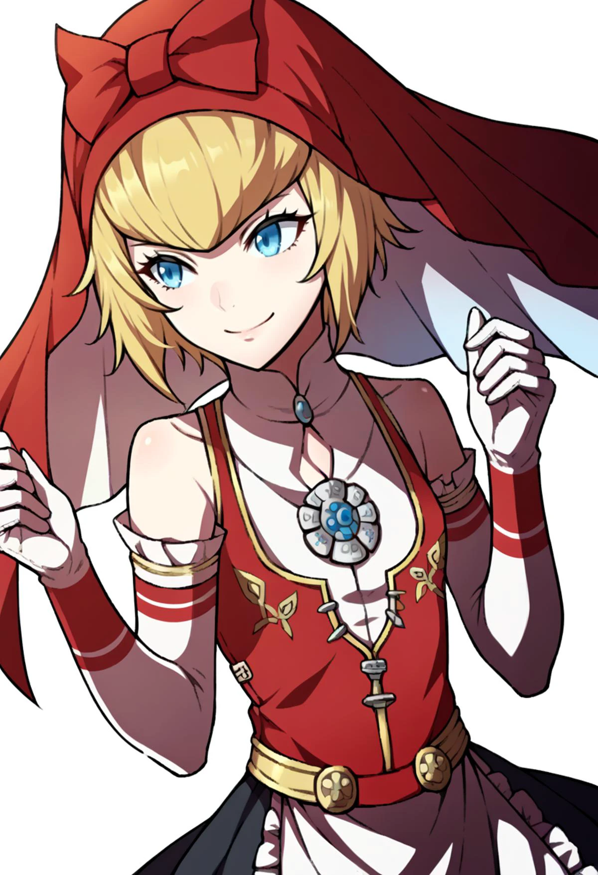 score_9, score_8_up, score_7_up, source_anime, BREAK solo, 1girl, <lora:zs_AwakeningPortraitsXL:1>, awakeningportraits, portraits, white background, <lora:Idun-pdxl-DoRA_Fp:1>, idunnsmt, short hair, blonde hair, blue eyes, veil, red bow, red dress, vest, frilled skirt, white gloves, elbow gloves, bare shoulders, miniskirt, black skirt, smile, brooch,