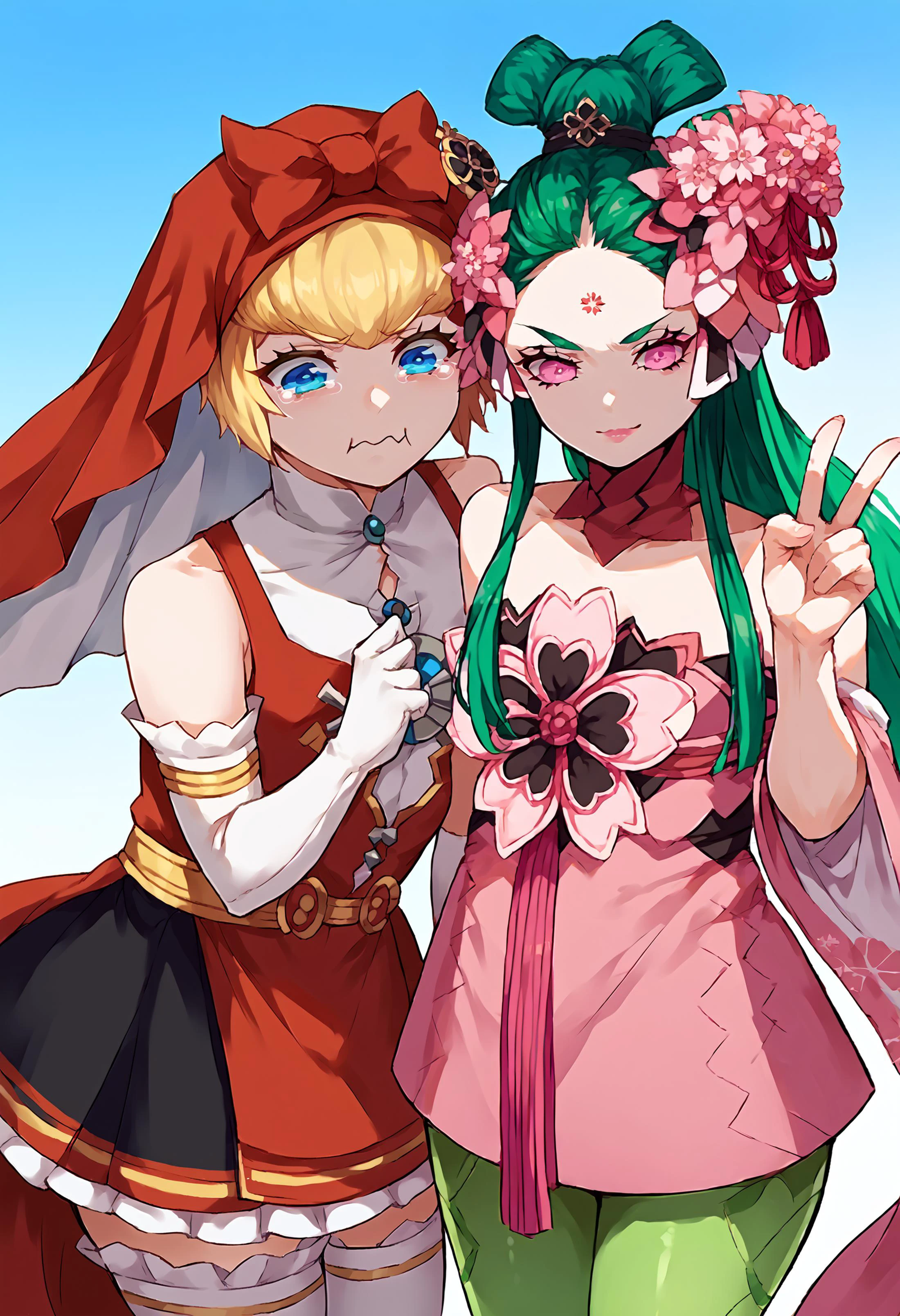 score_9, score_8_up, score_7_up, source_anime, 2girl, looking at viewer, BREAK, <lora:concept_aquacrying_ponyXL:1>, aquacrying, wavy mouth, closed mouth, tearing up, <lora:Idun-pdxl-DoRA_Fp:1>, idunnsmt, short hair, blonde hair, blue eyes, veil, red bow, red dress, vest, frilled skirt, white gloves, elbow gloves, bare shoulders, miniskirt, black skirt, brooch, white thighhighs, BREAK <lora:zs_KonohanaSakuyaXL:1>, konohanasakuyasmt, green hair, very long hair, pink eyes, lipstick, hair flower, forehead mark, choker, pink dress, japanese clothes, detached sleeves, green pantyhose, smirk, v