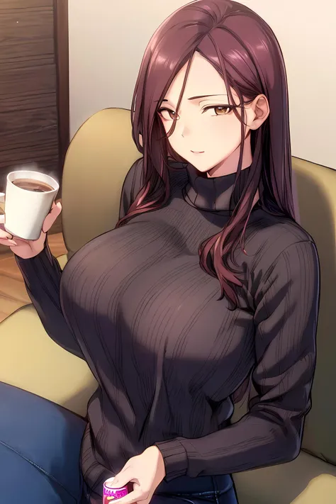 (masterpiece:1.2, best quality), (finely detailed beautiful eyes: 1.2), solo focus, (extremely detailed CG unity 8k wallpaper, masterpiece, best quality, ultra-detailed, best shadow), (detailed background), (beautiful detailed face, beautiful detailed eyes) , 1girl, mijunglg, 1girl, brown eyes, solo, large breasts, (oversized sweater:1.2), long sleeves, drinking coffee, drinking from cup, one cup, High contrast, beautiful sexy woman, adult, (best illumination, an extremely delicate and beautiful),(simple backround, sitting on sofa, at home, living room), looking at viewer,beautiful detailed glow,