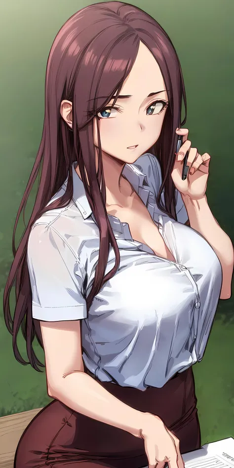 (masterpiece:1.2, best quality), (finely detailed beautiful eyes: 1.2), solo focus, (extremely detailed CG unity 8k wallpaper, masterpiece, best quality, ultra-detailed, best shadow), (detailed background), (beautiful detailed face, beautiful detailed eyes) , 1girl, mijunglg, 1girl, solo, large breasts, work clothes, pencil skirt, (teacher:1.2), white shirt, High contrast, beautiful sexy woman, adult, (best illumination, an extremely delicate and beautiful),(simple backround, outdoors), looking at viewer,beautiful detailed glow,