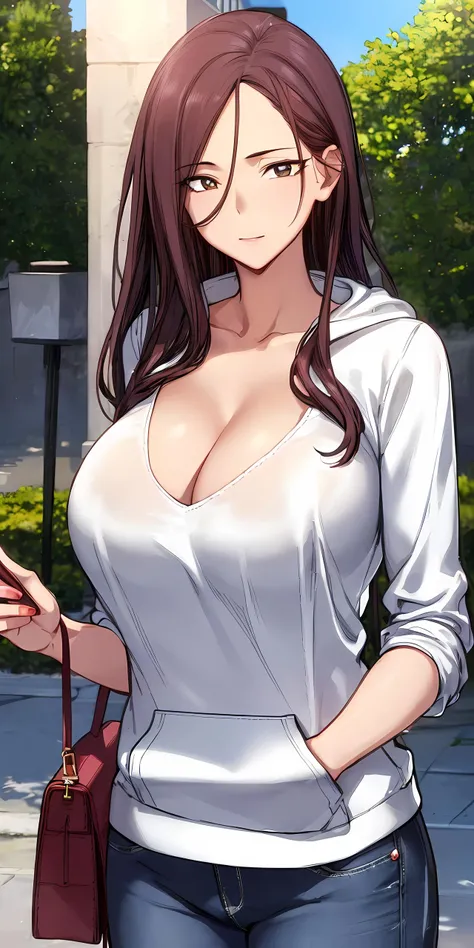 (masterpiece:1.2, best quality), (finely detailed beautiful eyes: 1.2), solo focus, (extremely detailed CG unity 8k wallpaper, masterpiece, best quality, ultra-detailed, best shadow), (detailed background), (beautiful detailed face, beautiful detailed eyes) , 1girl, mijunglg, 1girl, solo, large breasts, oversized (hoodie:1.2), jeans, white shirt, holding handbag, High contrast, beautiful sexy woman, adult, (best illumination, an extremely delicate and beautiful),(simple backround, outdoors), looking at viewer,beautiful detailed glow,