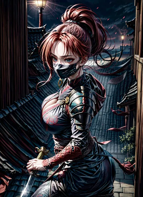 ((masterpiece, best quality, highest quality, highly detailed, colorful,
beautiful, intricate details, absurdres)),
a solo girl with long ginger hair, wearing ninja hood, ninja_clothes with armor, a mouth mask, large breasts, chinese knot, holding sword, katana, fighting pose, ambient light, outdoors, city, roof, midnight
<lora:more_details:0.5>
<lora:ninjagirl:0.8> ninja, ninja clothes, mask