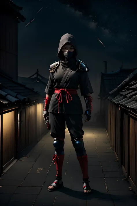 masterpiece, high quality, hdr, woman, red eyes, wearing ninja mask, ninja hood, ninja_clothes with armor, standing, looking at camera, full body portrait, <lora:ninjagirl:.8>, extreme detail, ambient light, outside, city, roof, stars, midnight,