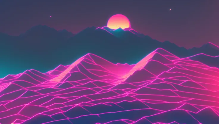 wireframe neon lines, (dark colors:1.2) with (lines polygonal mountain:1.2) in background, (saturn with ring behind the mountain:1.2), snthwve style wallpaper