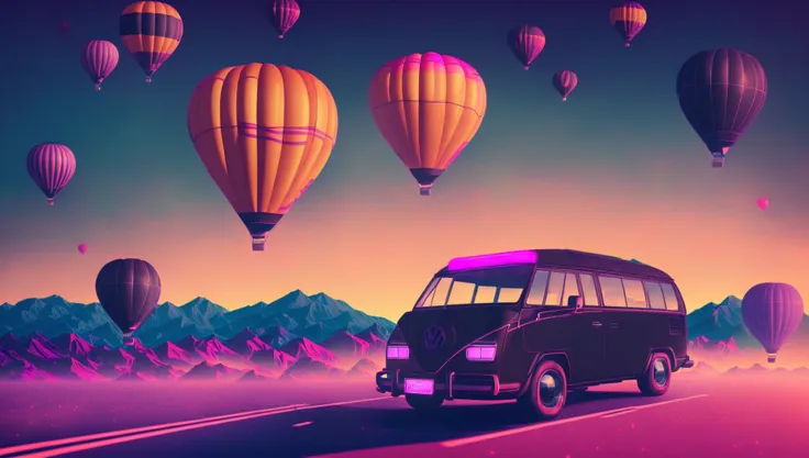 (retro volkswagen van:1.1) (attached to hot air balloon:1.2), (dark colors:1.2), snthwve style wallpaper