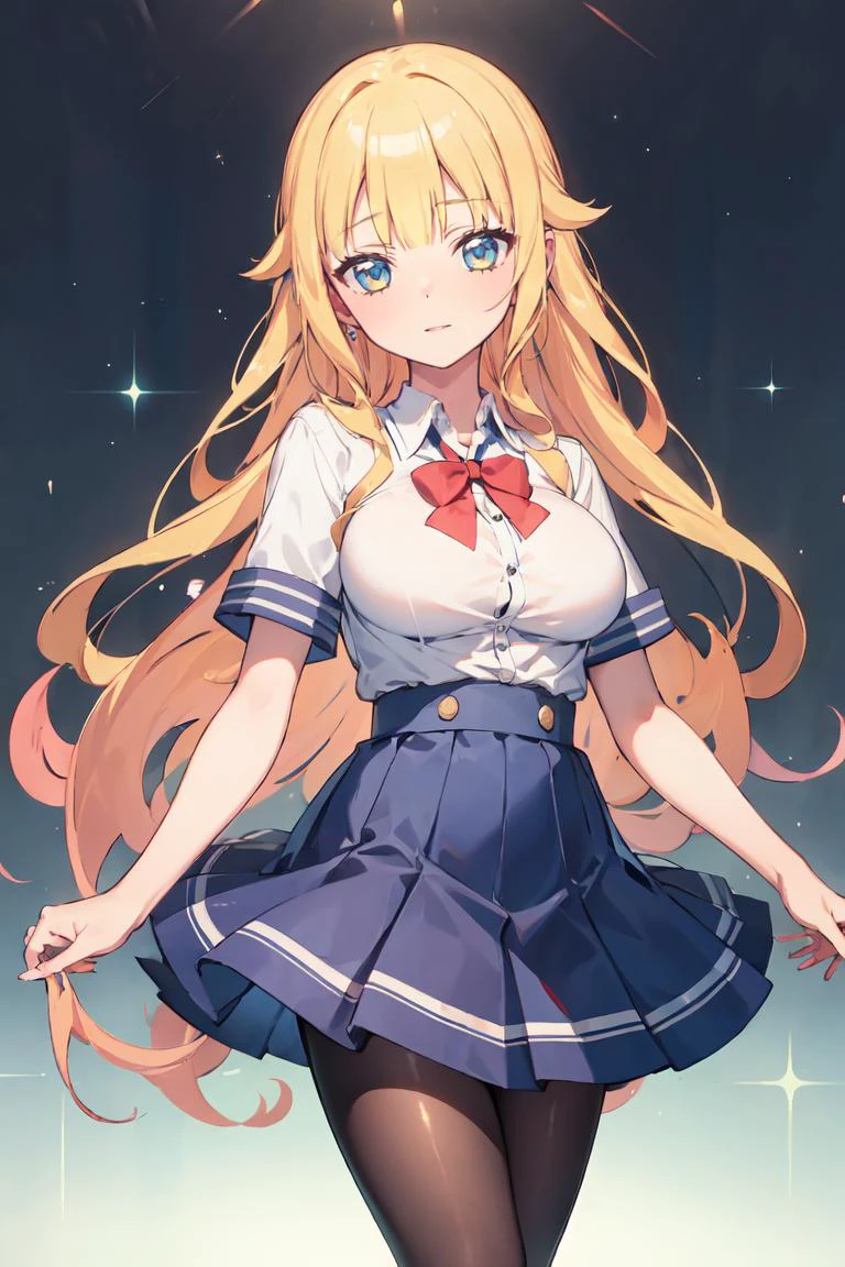 masterpiece, best quality, ultra-detailed, glistening shiny, glowing light, ray tracing, HDR, deph of field, (perfect face, detailed face), <lora:Beelzebub_jou:0.7>, beelzebubjou, very long hair, hair flaps, large breasts, school uniform, pantyhose, short skirt, twirl