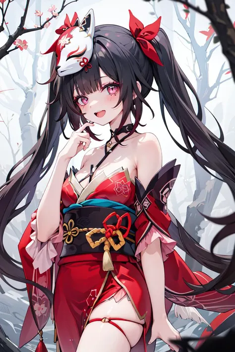 1girl, solo, <lora:shSparkle-000010:0.7>, shsparkle, fox mask, long hair, twintails, kimono, japanese clothes, looking at the viewer, open mouth smiling, in a eerie dark forest with lots of fog,