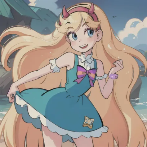 (masterpiece, best quality, high resolution:1.4), 1girl, woman, star butterfly, rainbow outfit, smile, horn hairband, looking at viewer, <lora:StarButterfly_v1.1:1>