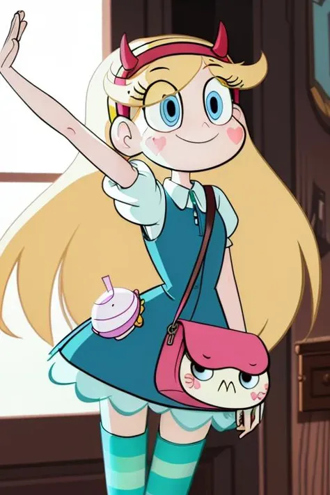 (masterpiece, best quality, high resolution:1.4), 1girl, woman, star butterfly, happy, cloud outfit, pouch, horn_hairband, looking at viewer, pantyhose <lora:StarButterfly_v1.1:1>