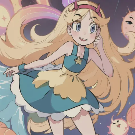 (masterpiece, best quality, high resolution:1.4), 1girl, woman, star butterfly, rainbow outfit, smile, horn hairband, looking at viewer, <lora:StarButterfly_v1.1:1>